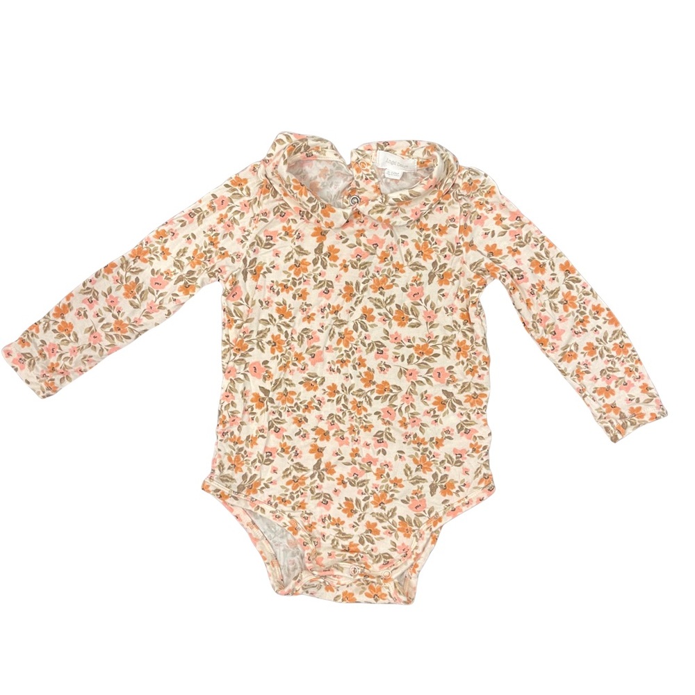 Angel Dear Orange Floral Bodysuit Long Sleeve Peter Pan Collar Baby Size 6-12 M